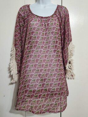 Avani Del Amour Tunic Top Dress Womens Med Pink Green Sheer Boho Fringe Sleeve